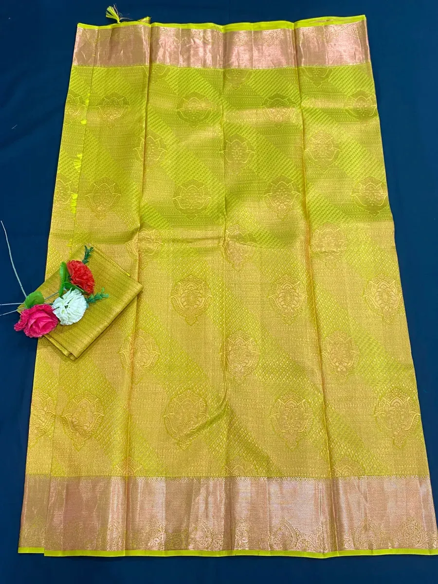 Bridal Green Kanjeevaram Silk Saree With Copper Zari Brocade All Over Jacquard Work - SILKMARK CERTIFIED