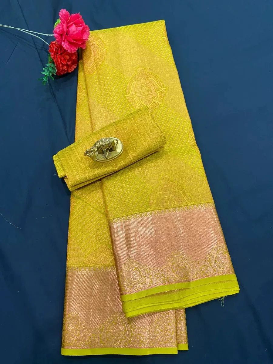 Bridal Green Kanjeevaram Silk Saree With Copper Zari Brocade All Over Jacquard Work - SILKMARK CERTIFIED