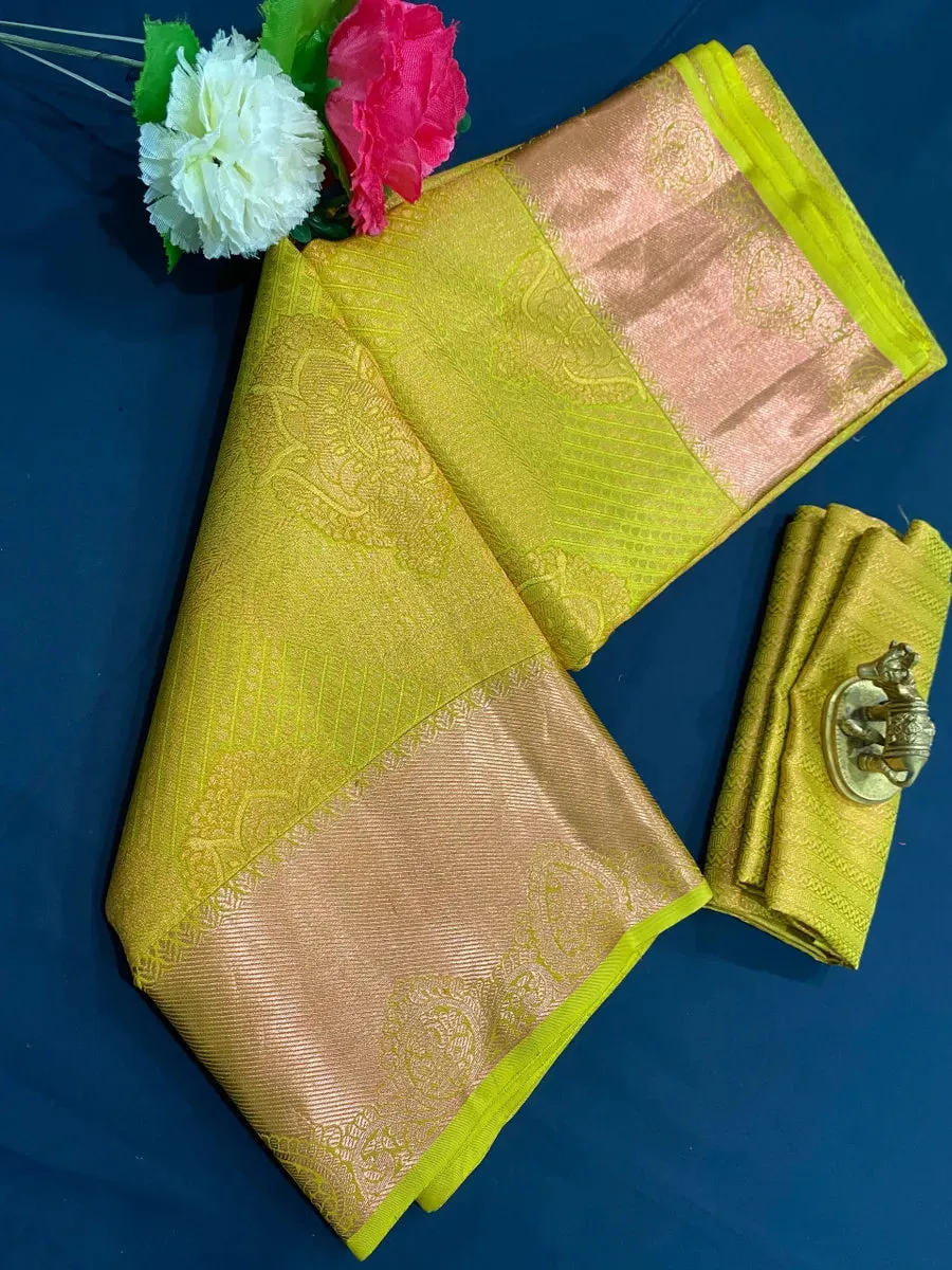 Bridal Green Kanjeevaram Silk Saree With Copper Zari Brocade All Over Jacquard Work - SILKMARK CERTIFIED