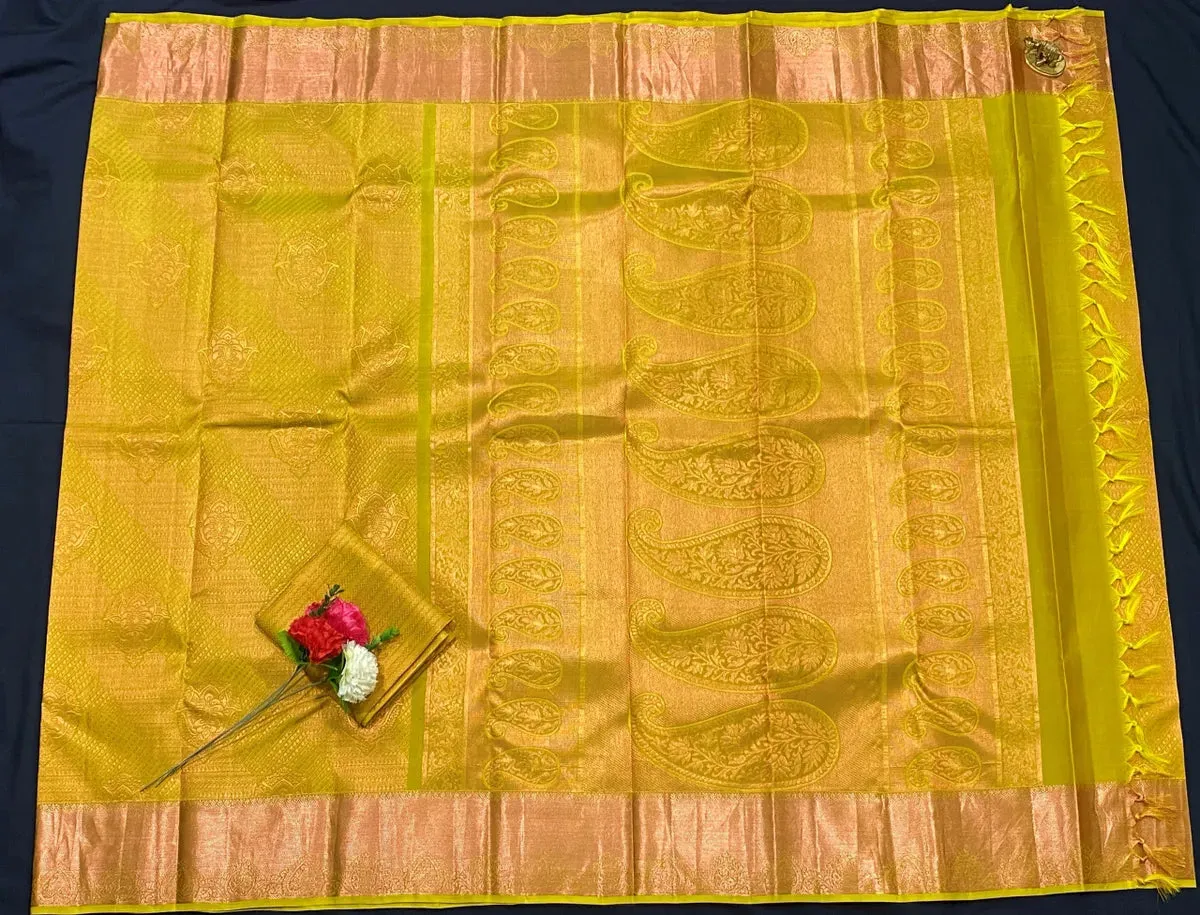 Bridal Green Kanjeevaram Silk Saree With Copper Zari Brocade All Over Jacquard Work - SILKMARK CERTIFIED