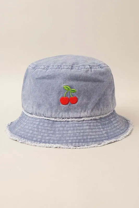 Cherry Distressed Denim Cotton Bucket Hat