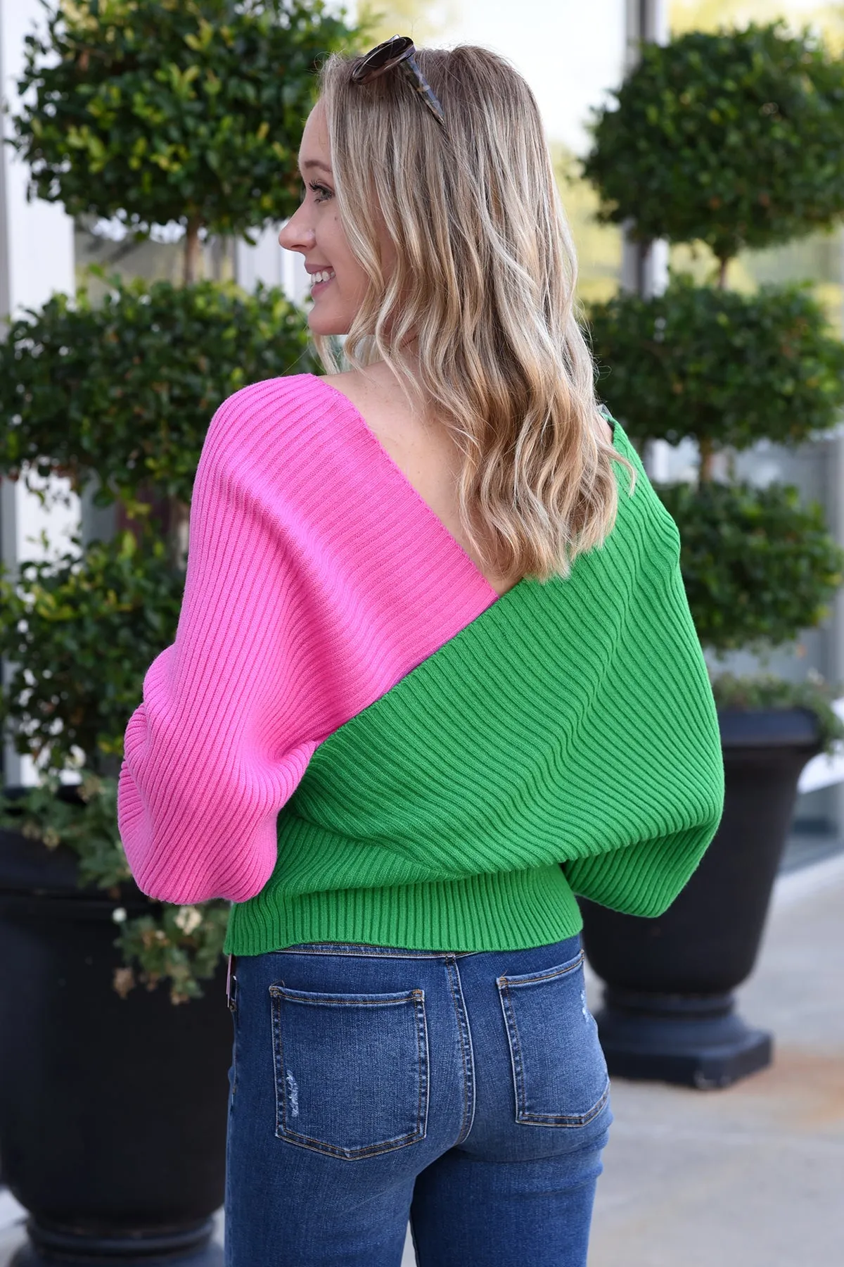 COLOR BLOCK WRAP SWEATER