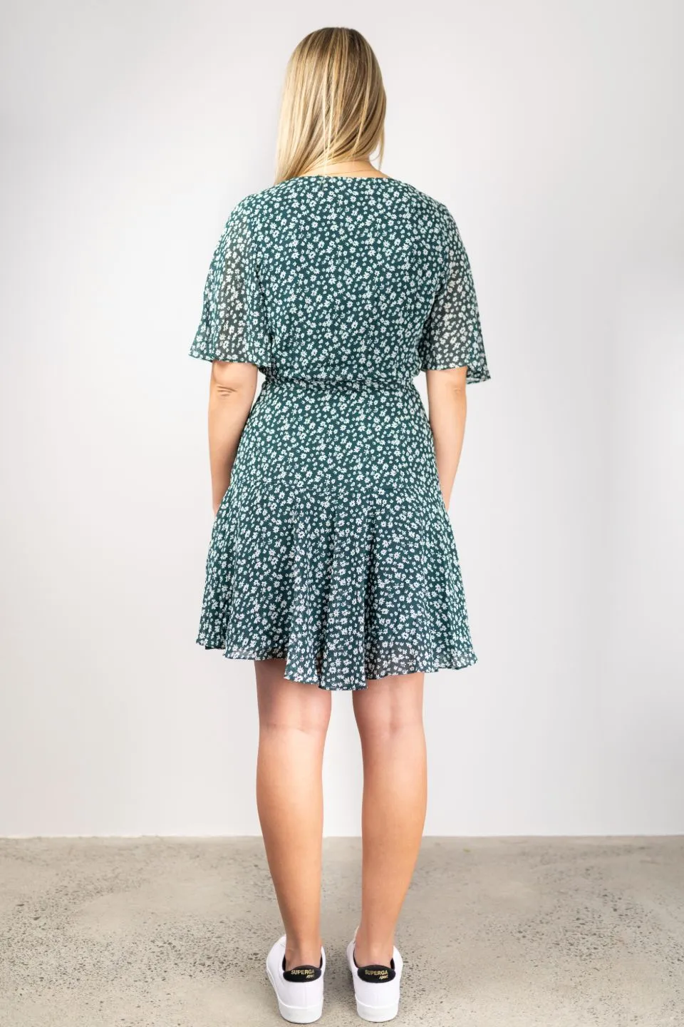 Confidence Emerald Floral Flutter Sleeve Wrap Dress