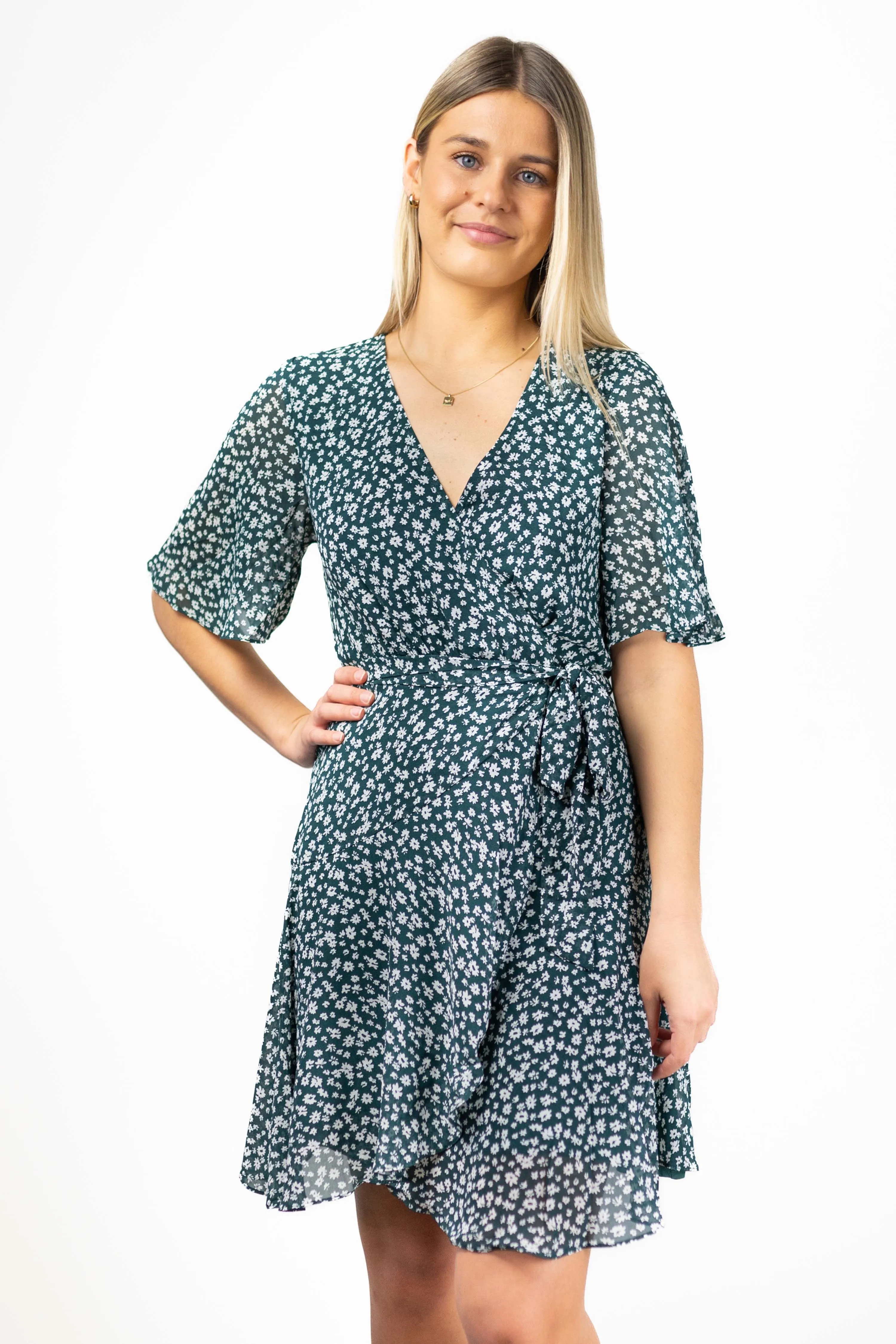 Confidence Emerald Floral Flutter Sleeve Wrap Dress