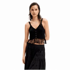 Desigual Crochet Crop Cardigan Fringe Top in Black