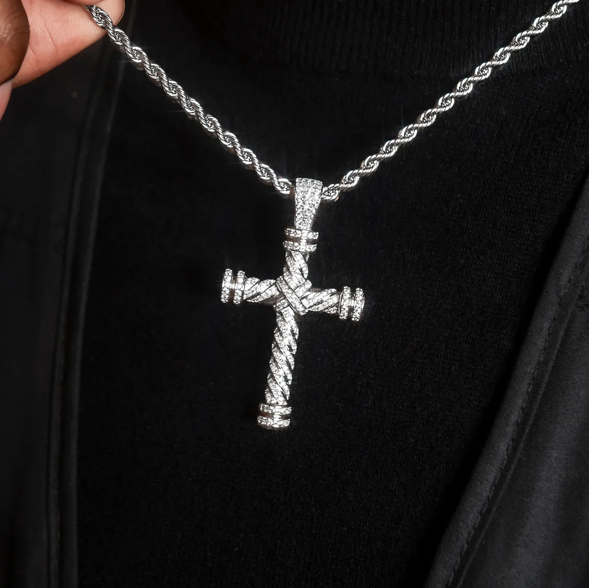 Diamond Rope Cross Pendant in White Gold