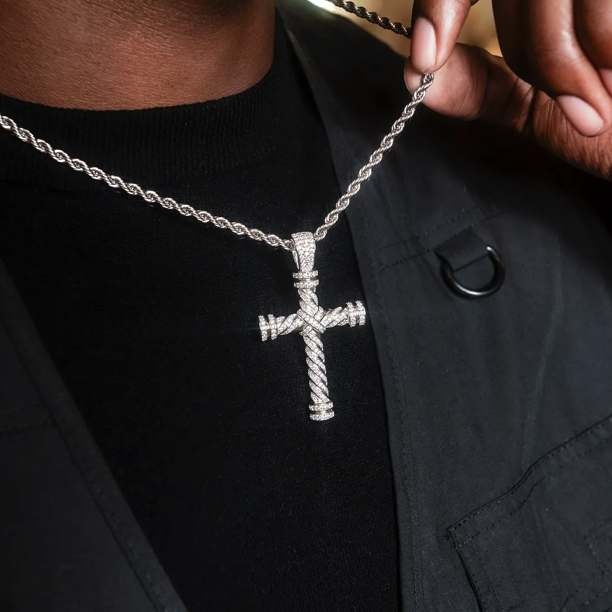 Diamond Rope Cross Pendant in White Gold