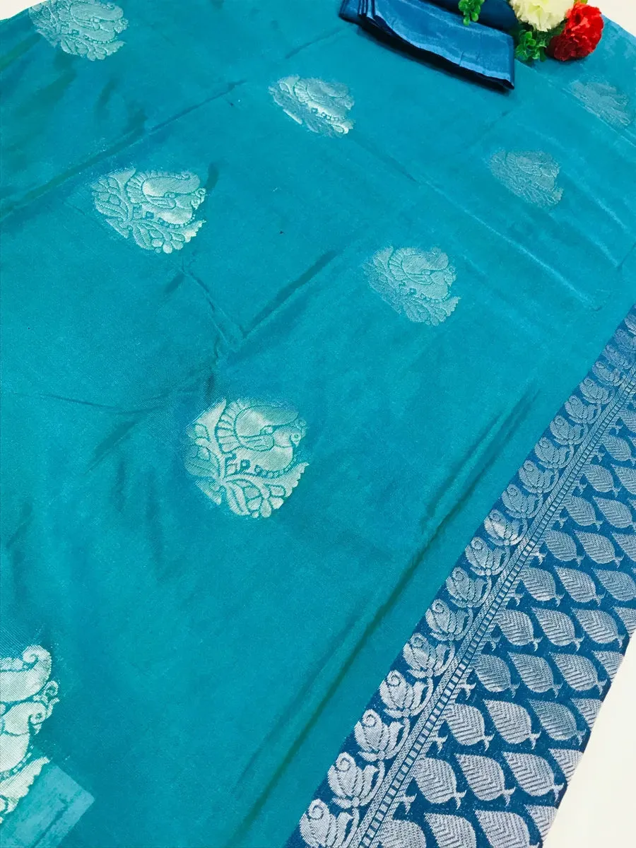 Elegant Borderless Peacock Blue Pure Kanchi Silk Saree With Silver Zari - SILKMARK CERTIFIED