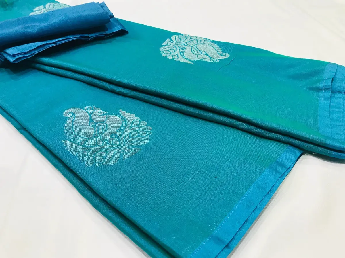 Elegant Borderless Peacock Blue Pure Kanchi Silk Saree With Silver Zari - SILKMARK CERTIFIED