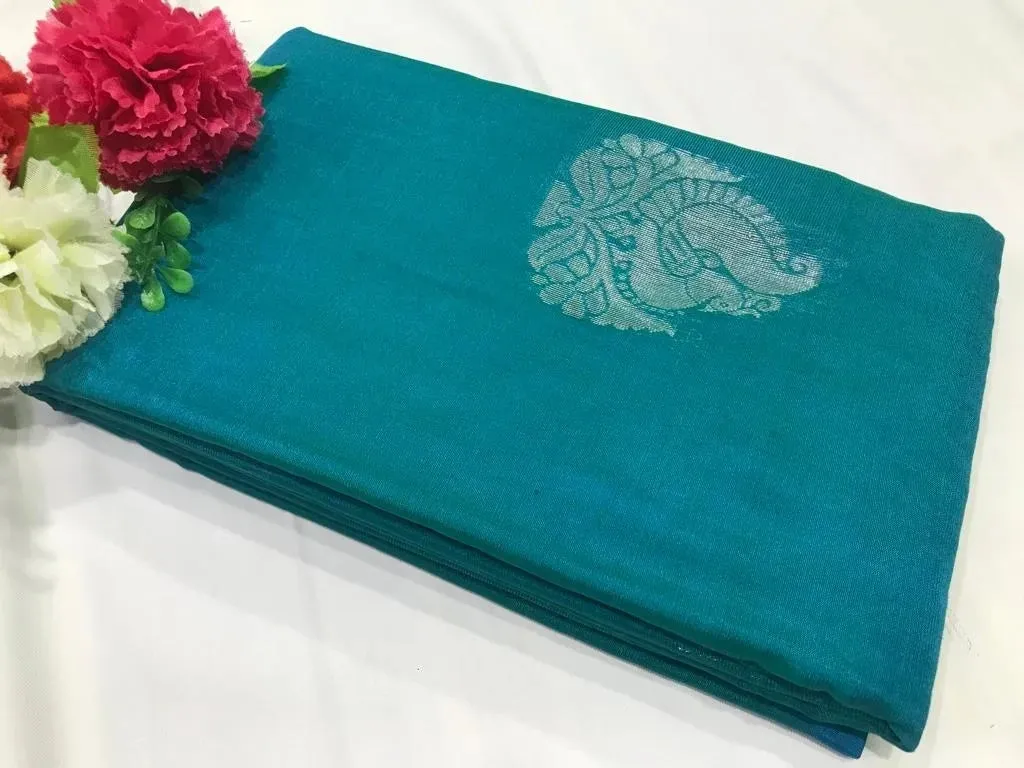 Elegant Borderless Peacock Blue Pure Kanchi Silk Saree With Silver Zari - SILKMARK CERTIFIED