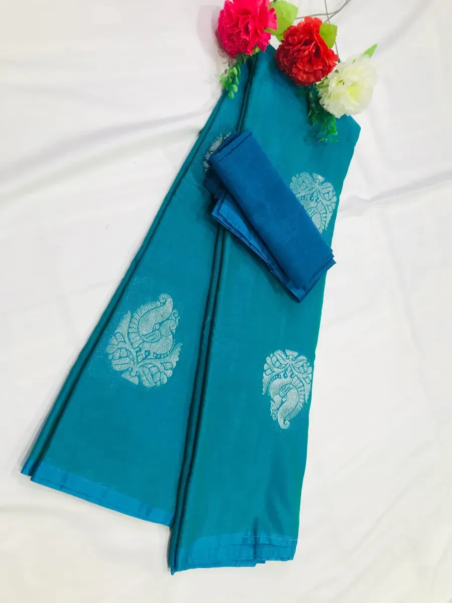 Elegant Borderless Peacock Blue Pure Kanchi Silk Saree With Silver Zari - SILKMARK CERTIFIED