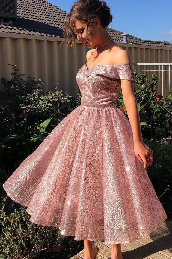 Elegant Off the Shoulder Pink Sequins Sweetheart Short Prom Dresses, Bridesmaid Dresses STK15189