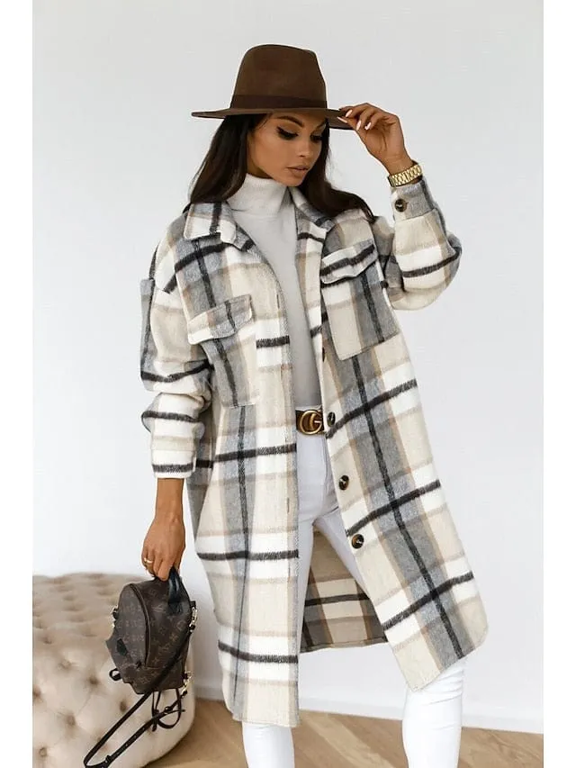 Elegant Women's Plaid Shacket Jacket Trench Coat for Fall and Winter