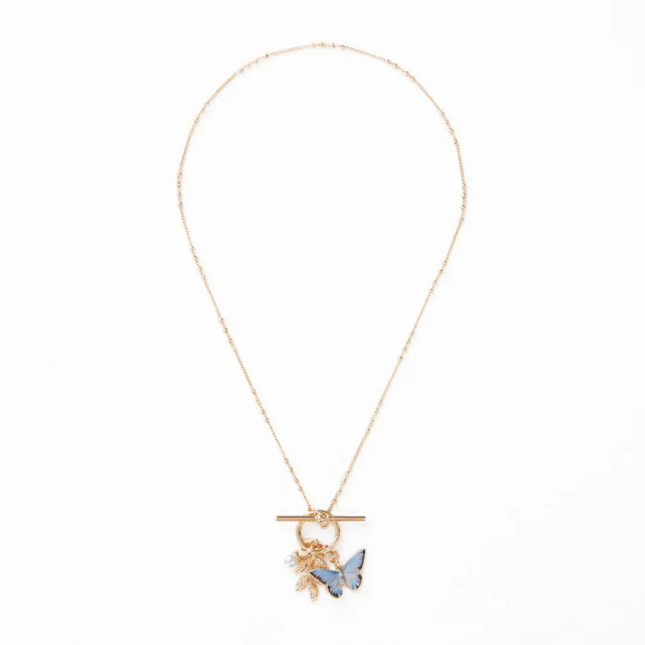 Enamel Blue Butterfly & Leaf Charm Necklace