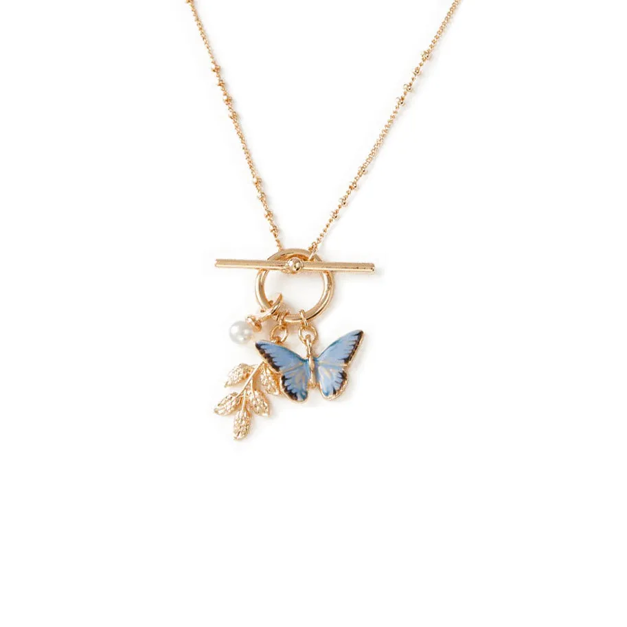 Enamel Blue Butterfly & Leaf Charm Necklace