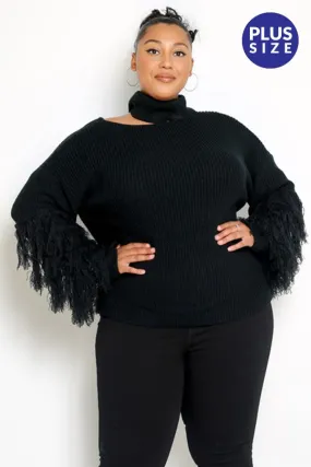 Fancy And Free Black Fringe Sleeve Sweater - PLUS