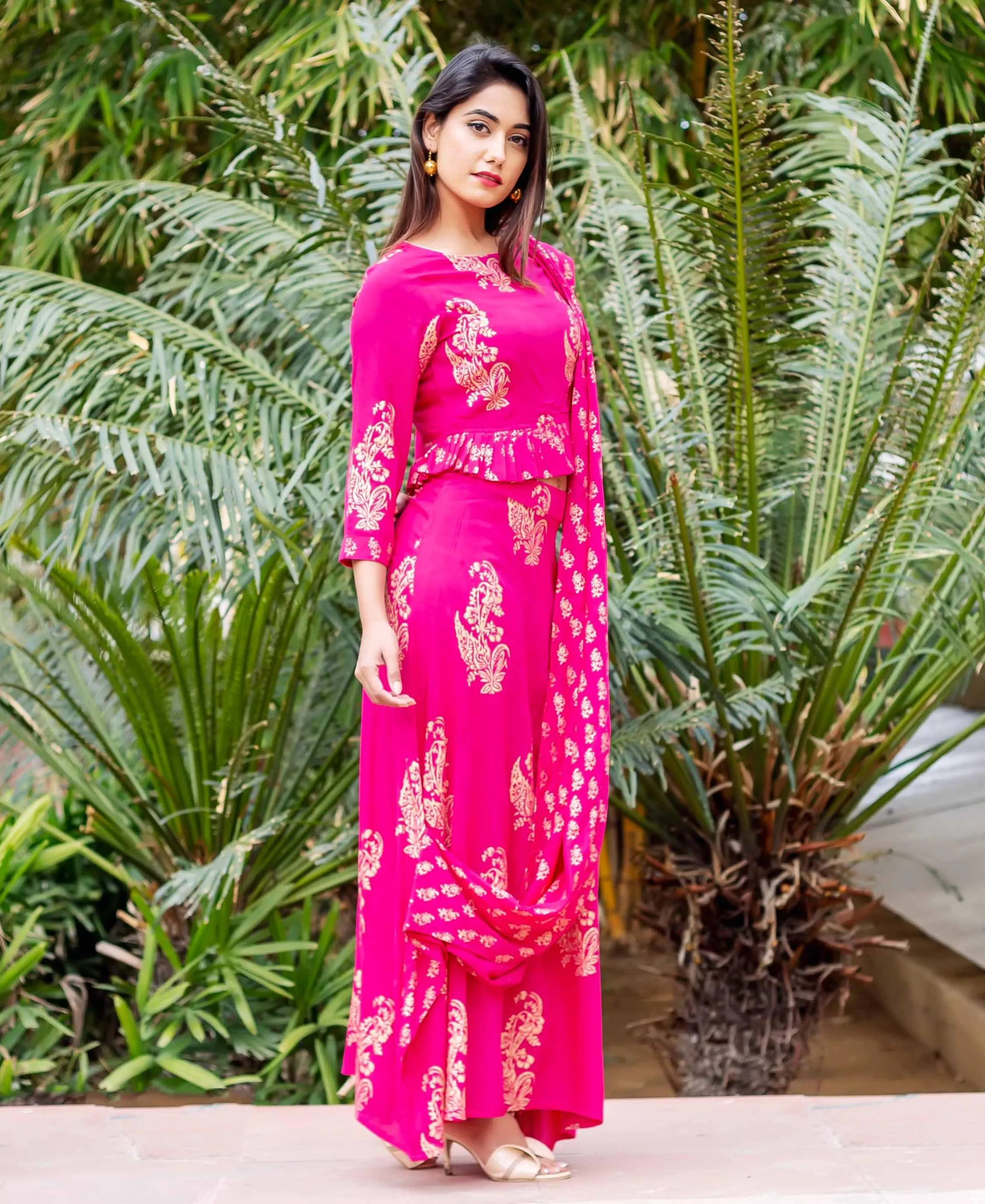 Fuchsia and Gold Printed Top with Saree Skirt