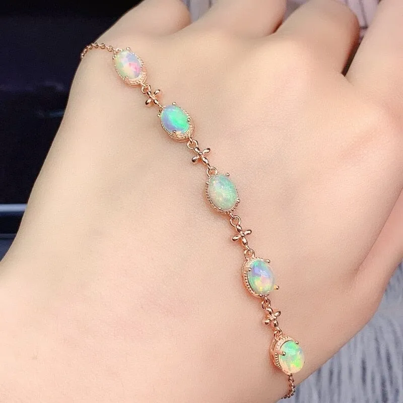 Genuine Natural Opal Bracelet 5*7MM Colorful Gemstone Bracelet - 925 Sterling Silver