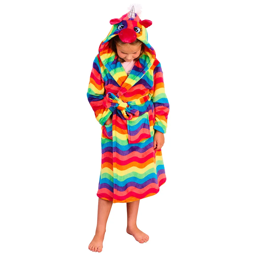 Girls Rainbow Stripe Unicorn Dressing Gown