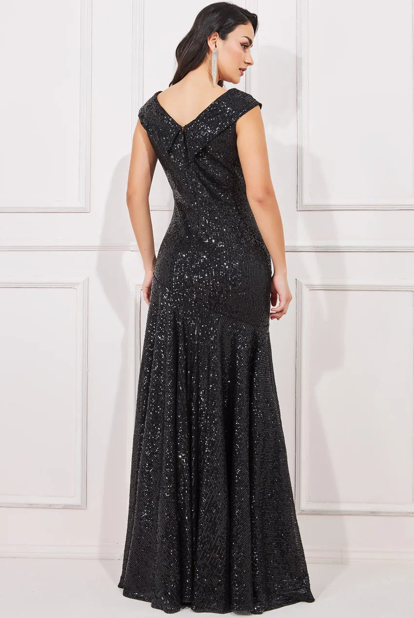 Goddiva Bardot Sequin Pleated Maxi Dress