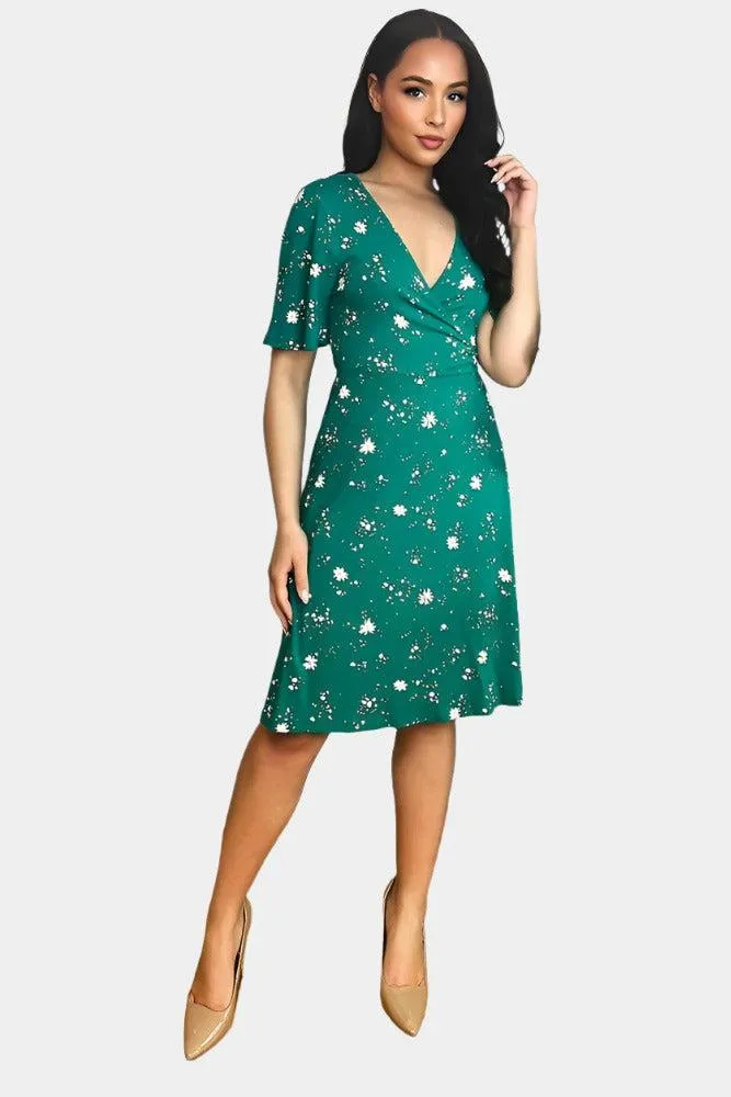 Green Floral Print Classic Wrap Dress