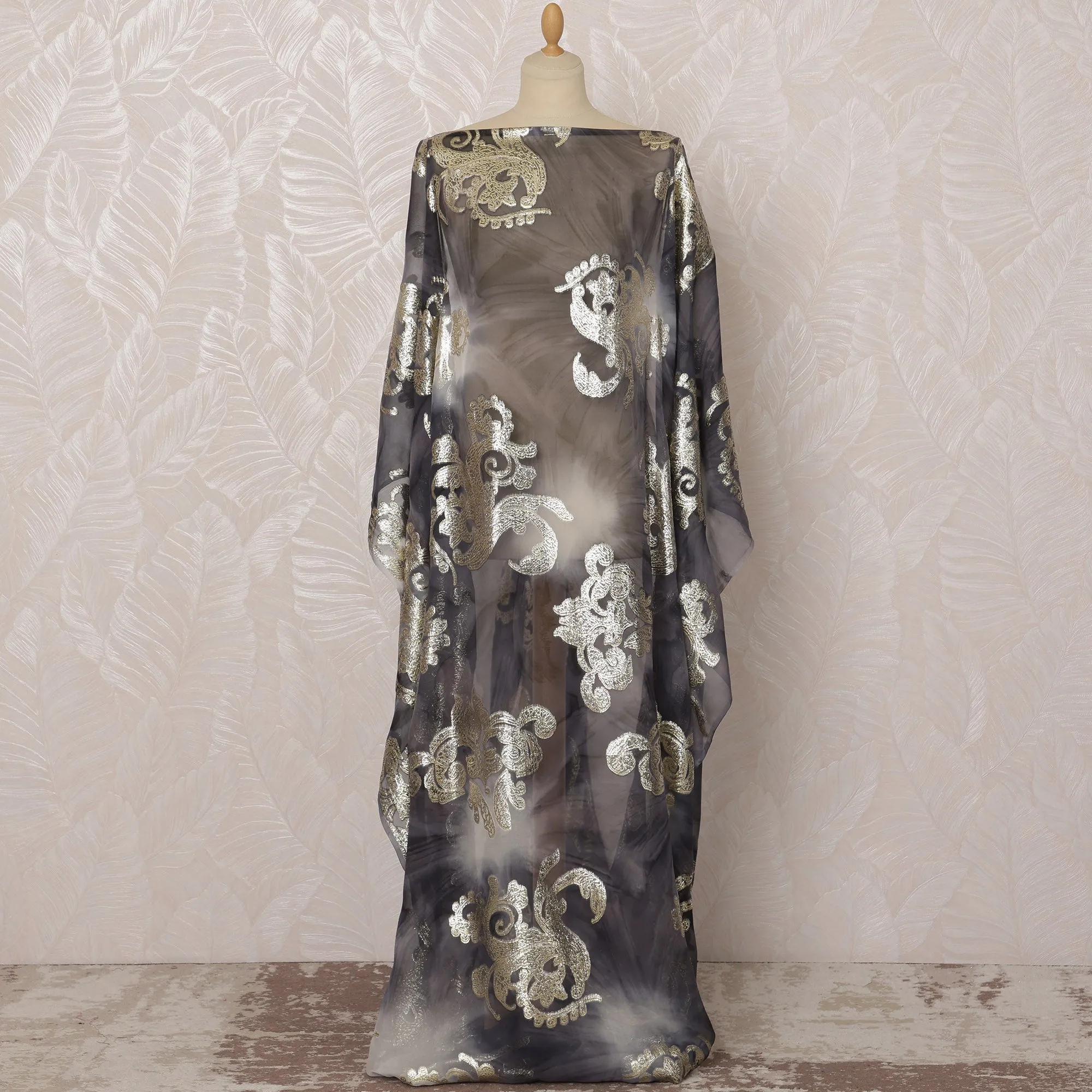 Grey and Gold Paisley Silk Chiffon Dirac Fabric with Metallic Lurex, 3.5 Meters, 140 cm Width-D20824