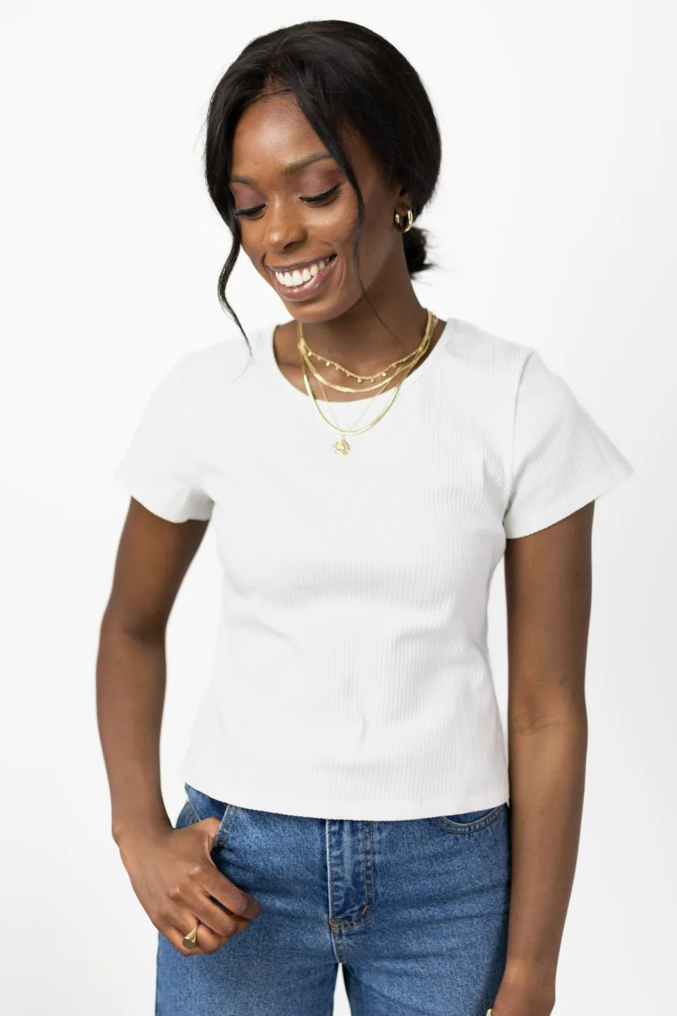 In Demand White SS Crew Neck Rib Tee