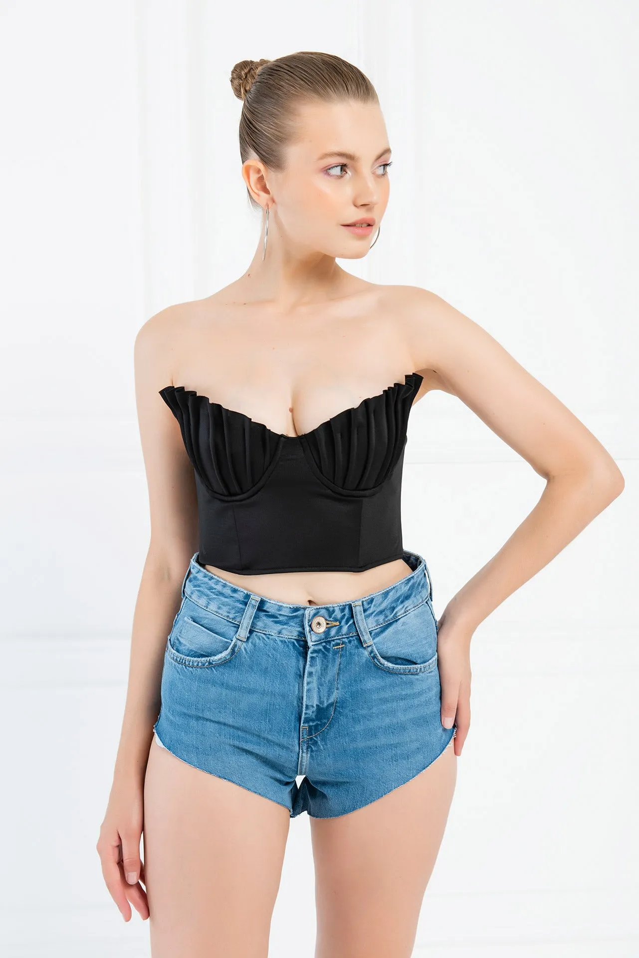 Kiki Riki Ariel Pleated Shell Bust Crop Bustier Top - Black