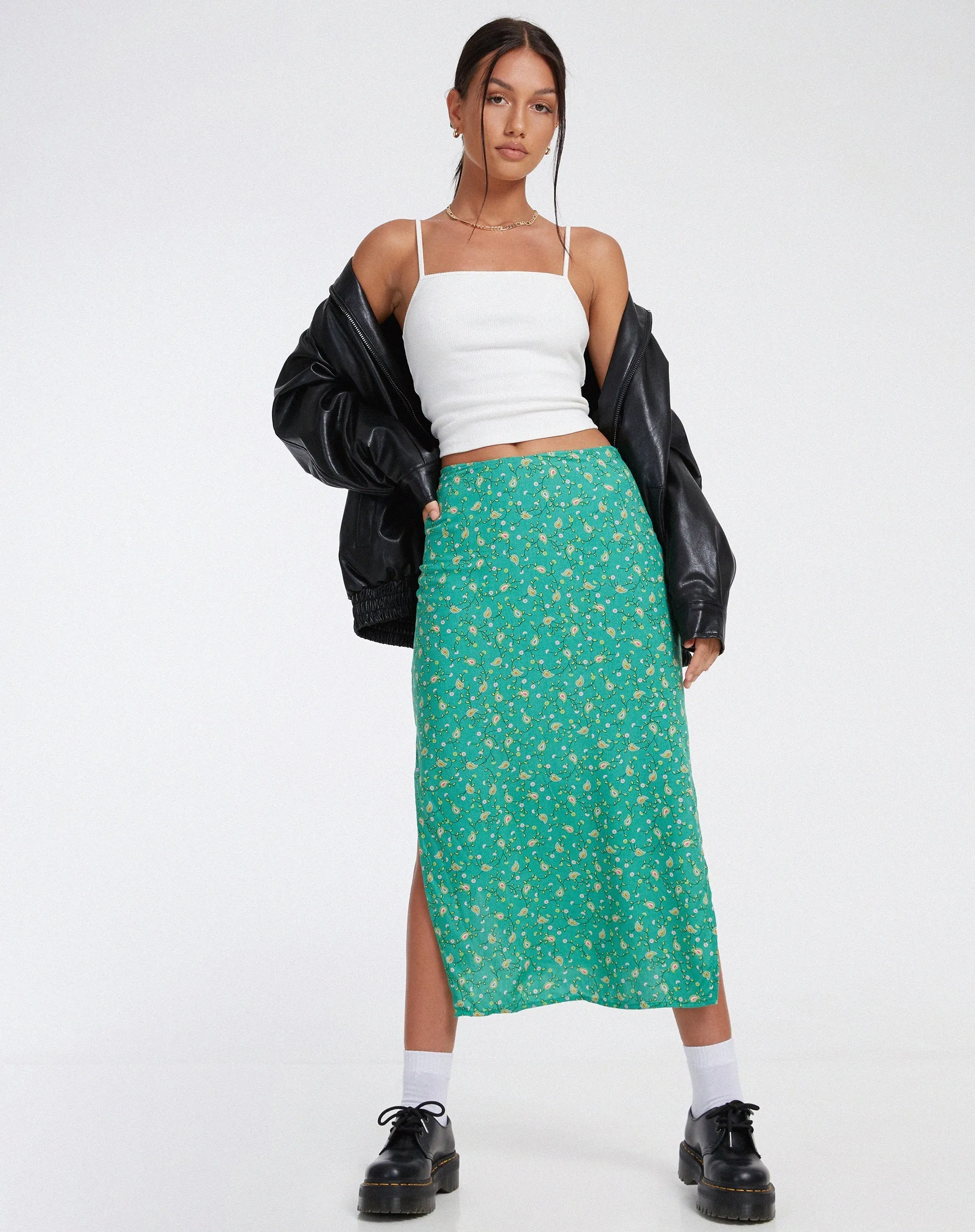 Kindra Midi Skirt in Paisley Fun Green