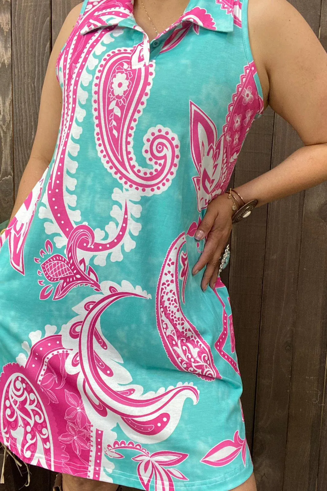 L, X, L, 2X, 3X Turquoise and Pink Paisley collar dress