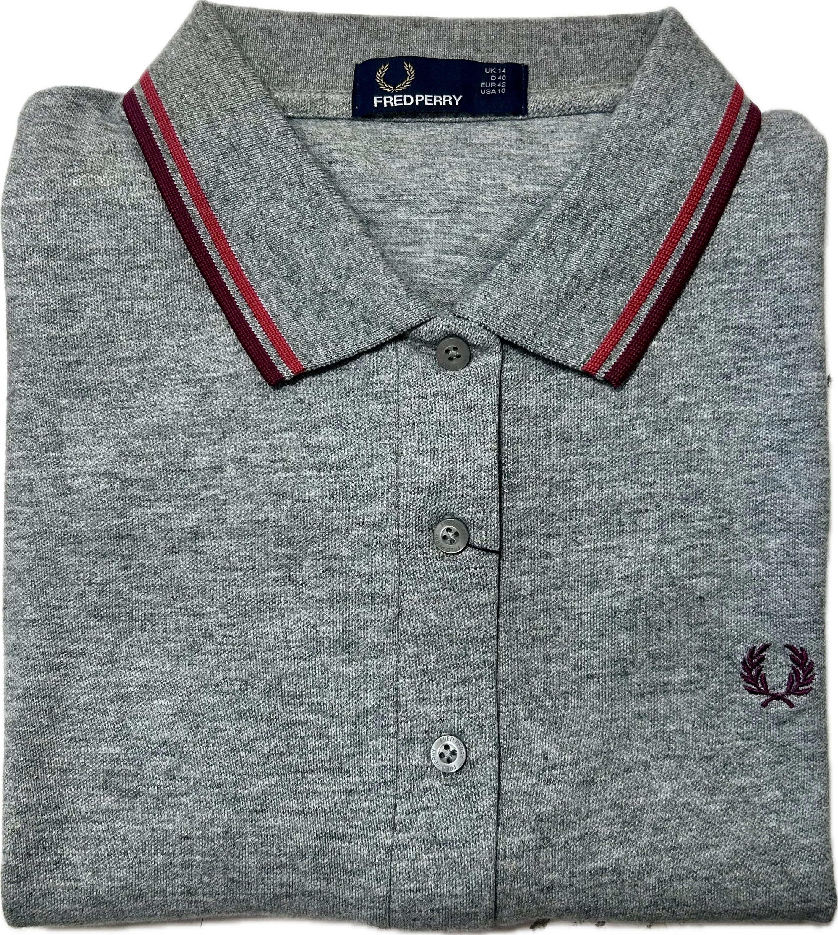 LADIES TWIN TIPPED FRED PERRY SHIRT (VINTAGE STEEL MARBLE/MAROON/RED)