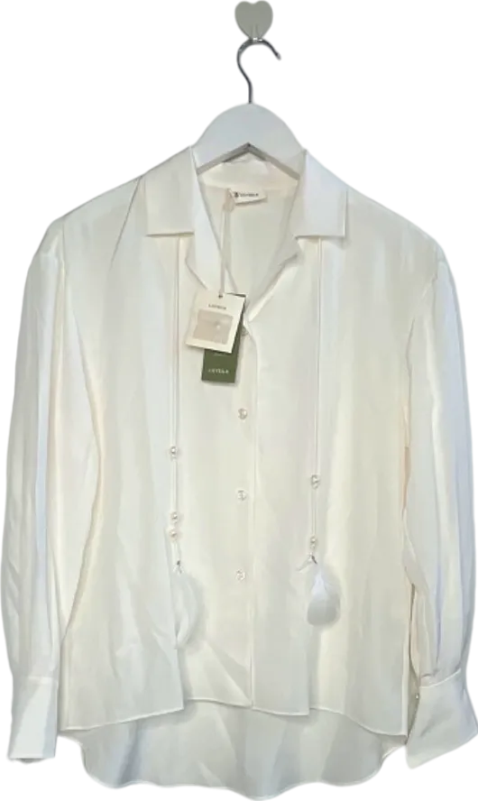 LILYSILK White 100% silk Button-Up Silk Pearl & feather tie detail Shirt UK XXS