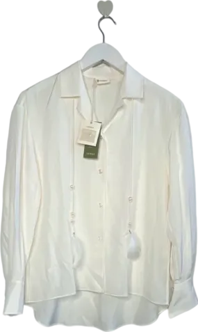 LILYSILK White 100% silk Button-Up Silk Pearl & feather tie detail Shirt UK XXS