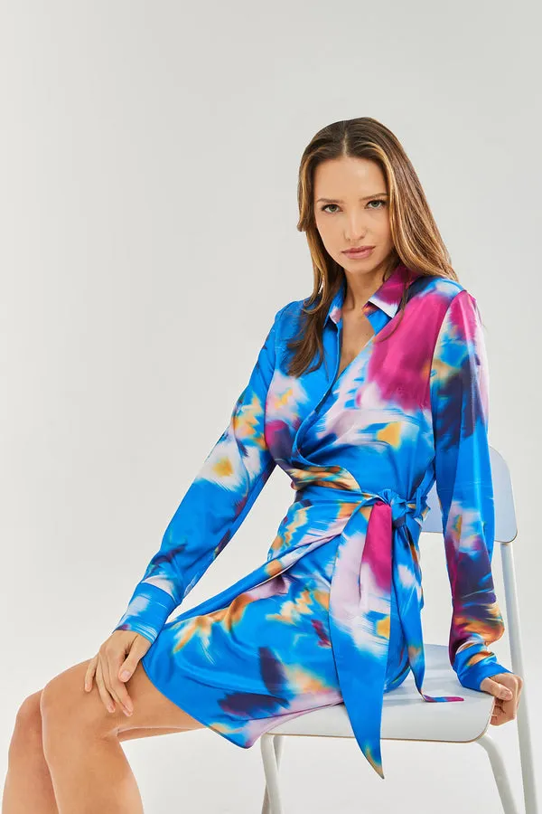 Liquorish Blue Floral Satin Mini Wrap Dress