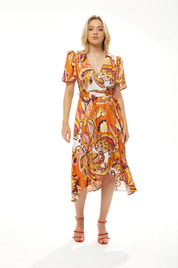 Liquorish Fake Wrap Midi Dress In Orange Floral