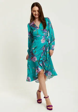 Liquorish Green Floral Print Midi Wrap Dress