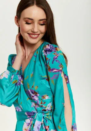 Liquorish Green Floral Print Midi Wrap Dress