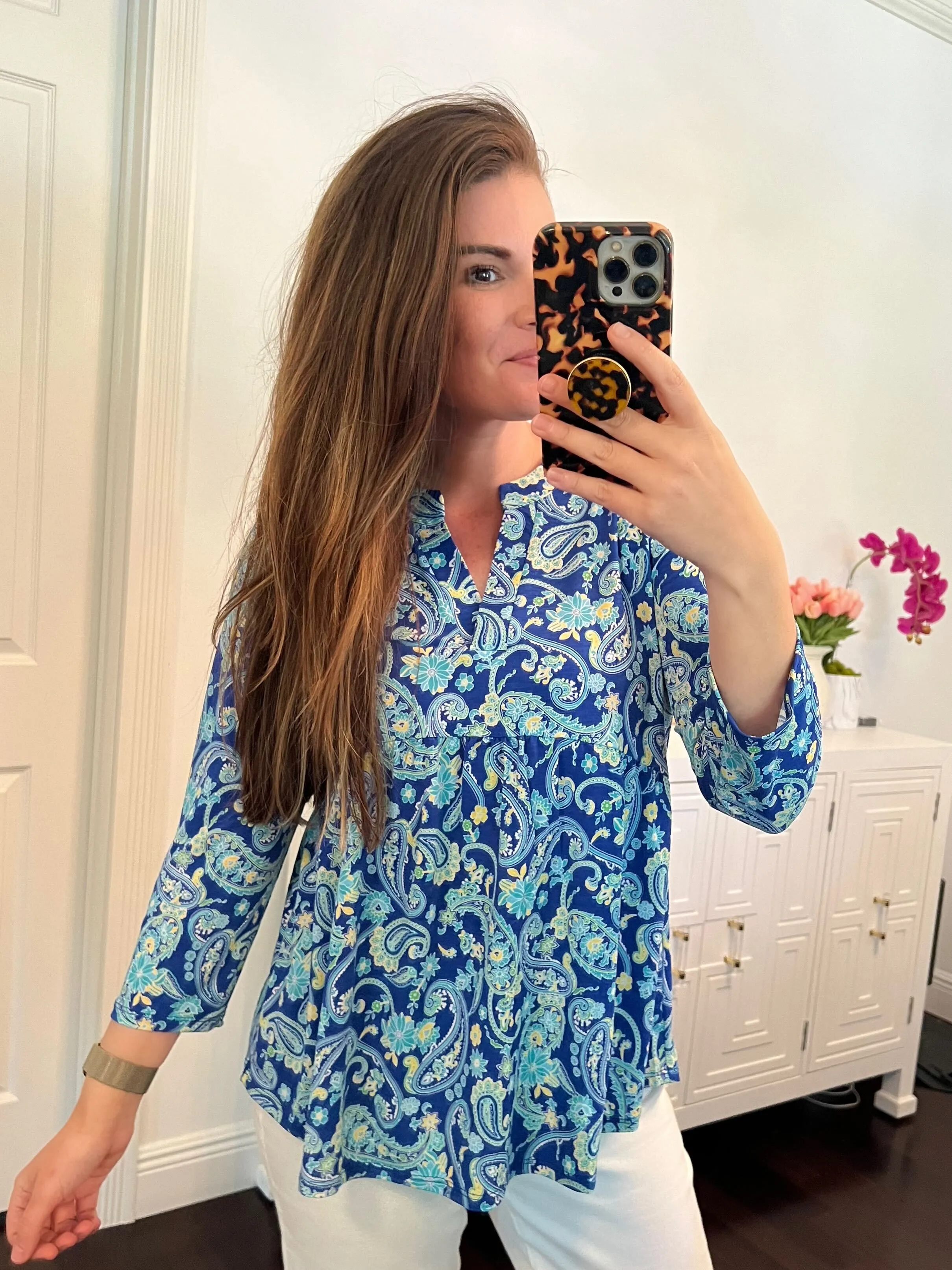 Lizzy Babydoll Top in Royal and Mint Paisley - 4/12