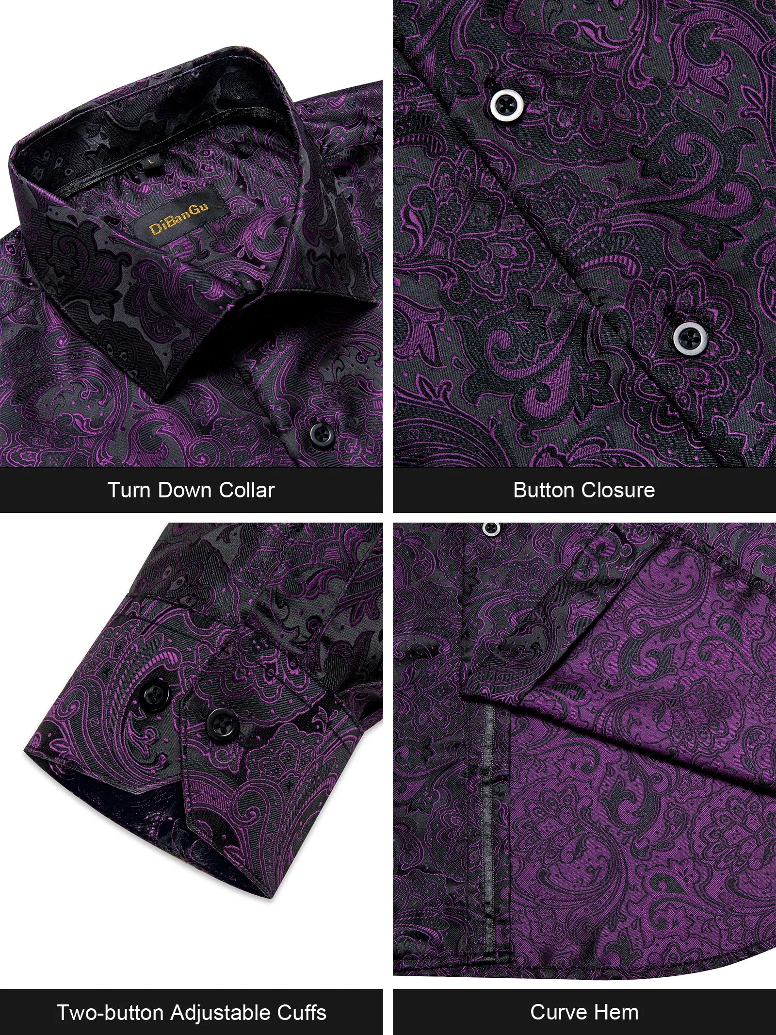 Luxury Purple Paisley Men's Silk Shrits Long Sleeve Designer Clothing Tuxedo Wedding Party Dress Shirt