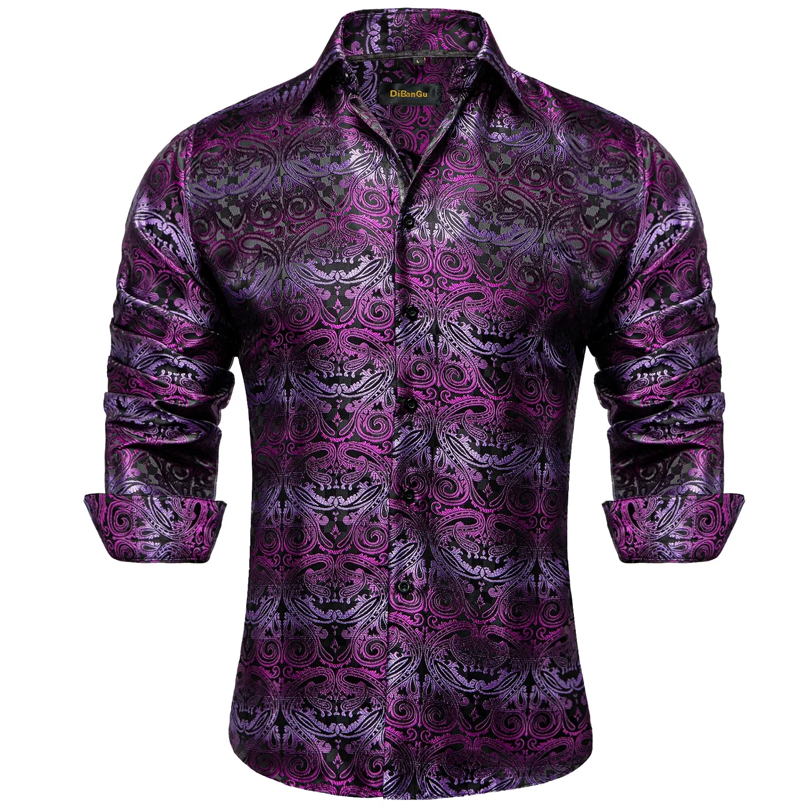 Luxury Purple Paisley Men's Silk Shrits Long Sleeve Designer Clothing Tuxedo Wedding Party Dress Shirt