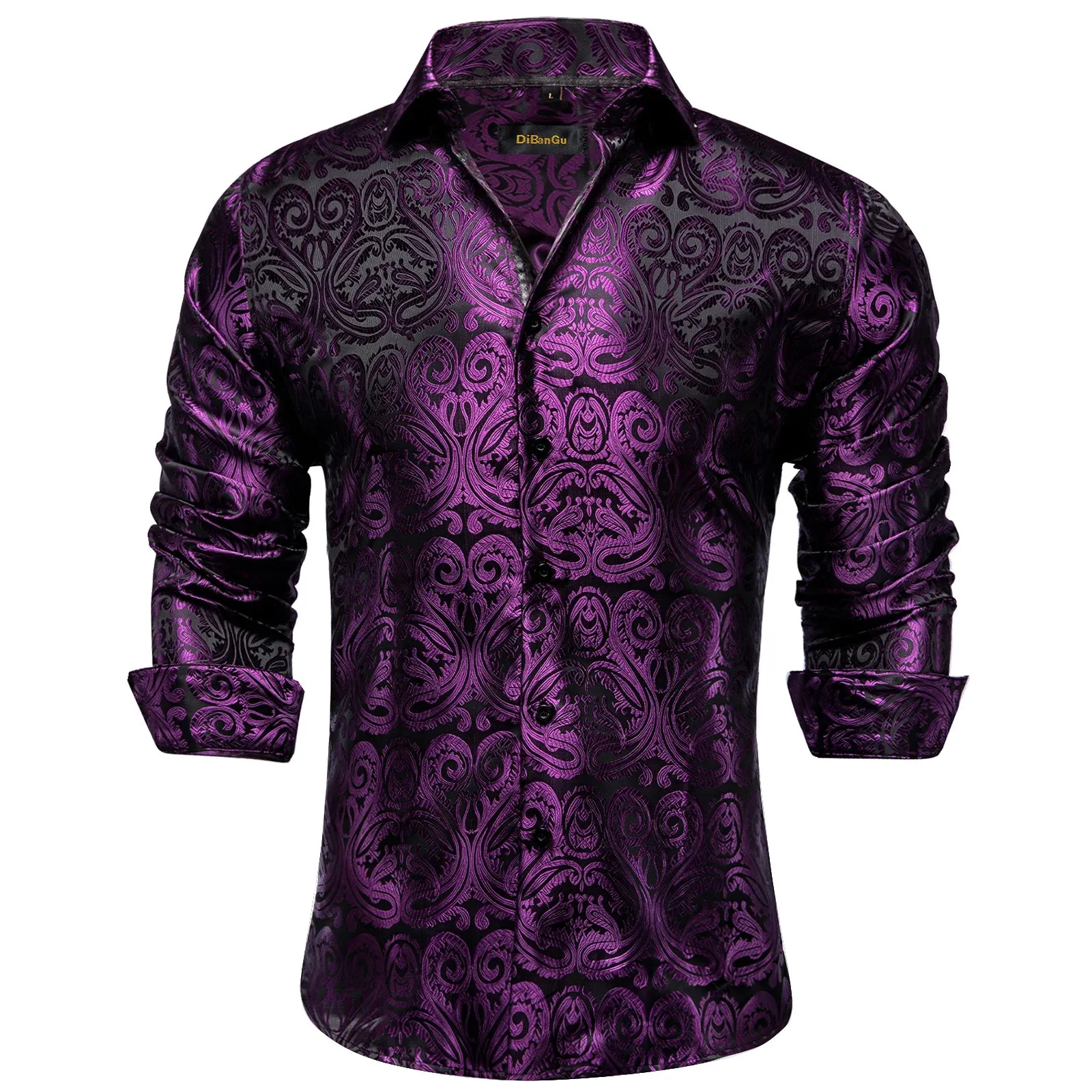 Luxury Purple Paisley Men's Silk Shrits Long Sleeve Designer Clothing Tuxedo Wedding Party Dress Shirt