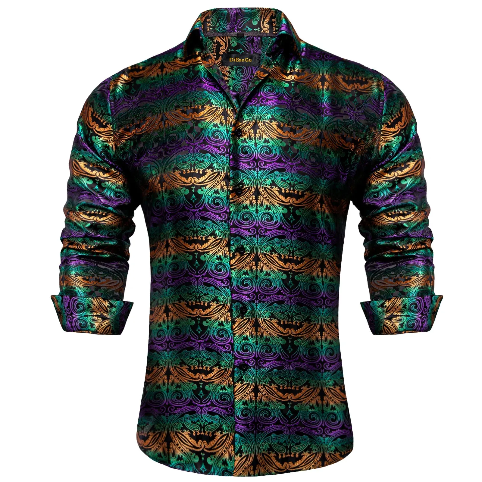 Luxury Purple Paisley Men's Silk Shrits Long Sleeve Designer Clothing Tuxedo Wedding Party Dress Shirt