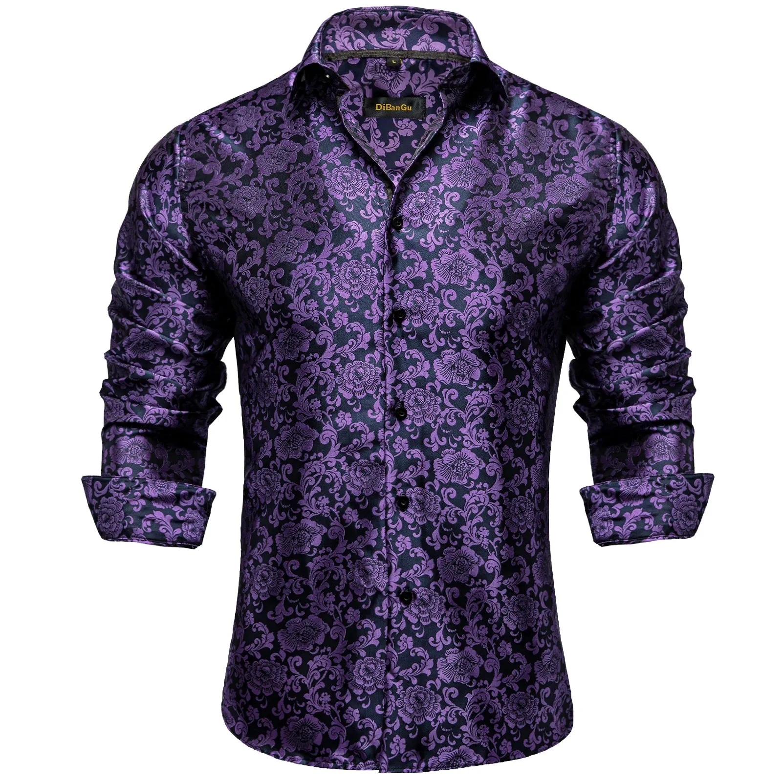 Luxury Purple Paisley Men's Silk Shrits Long Sleeve Designer Clothing Tuxedo Wedding Party Dress Shirt