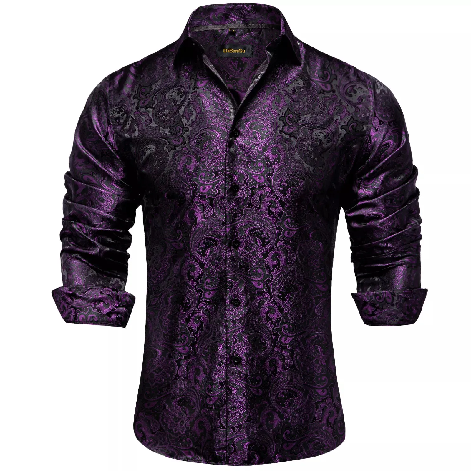 Luxury Purple Paisley Men's Silk Shrits Long Sleeve Designer Clothing Tuxedo Wedding Party Dress Shirt