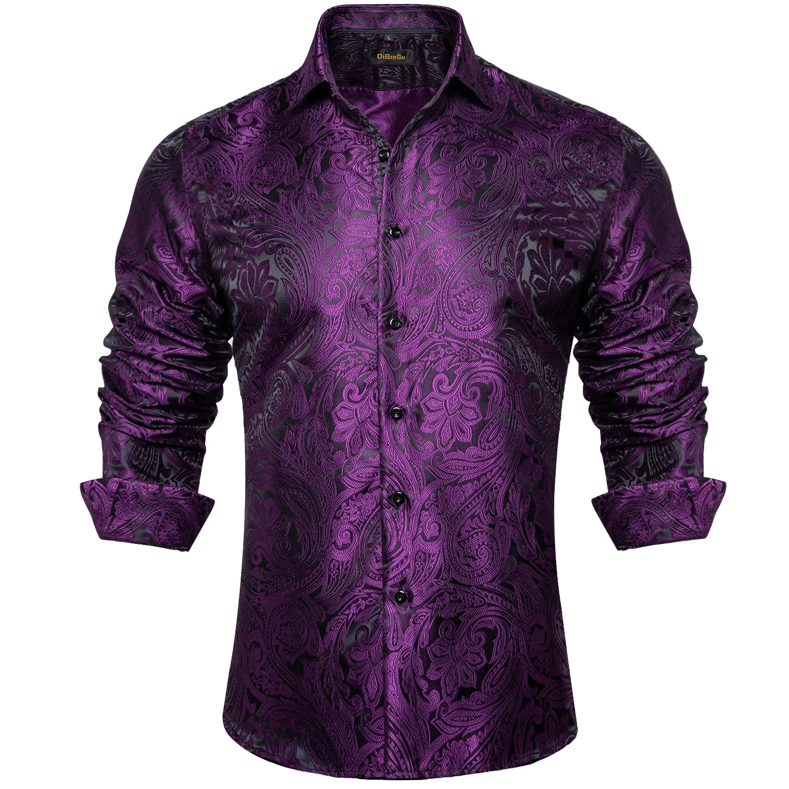 Luxury Purple Paisley Men's Silk Shrits Long Sleeve Designer Clothing Tuxedo Wedding Party Dress Shirt