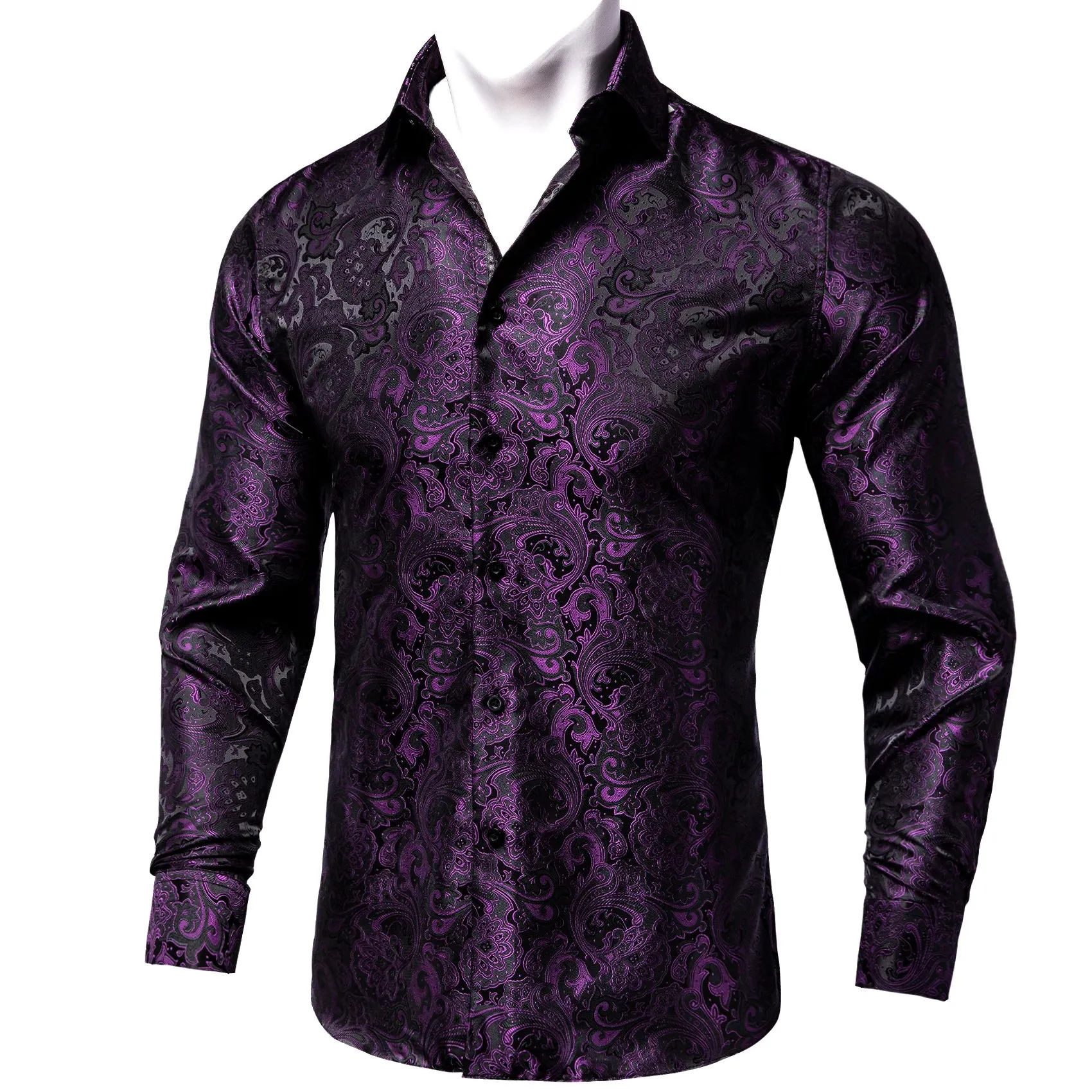 Luxury Purple Paisley Men's Silk Shrits Long Sleeve Designer Clothing Tuxedo Wedding Party Dress Shirt