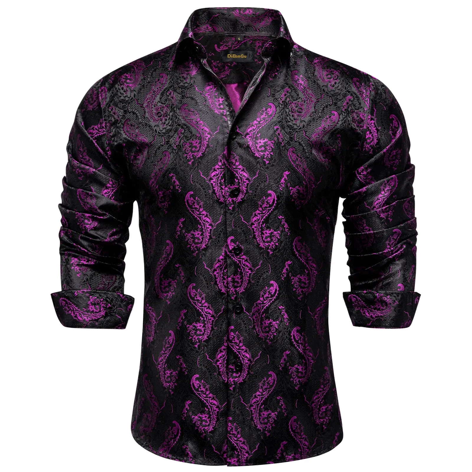 Luxury Purple Paisley Men's Silk Shrits Long Sleeve Designer Clothing Tuxedo Wedding Party Dress Shirt