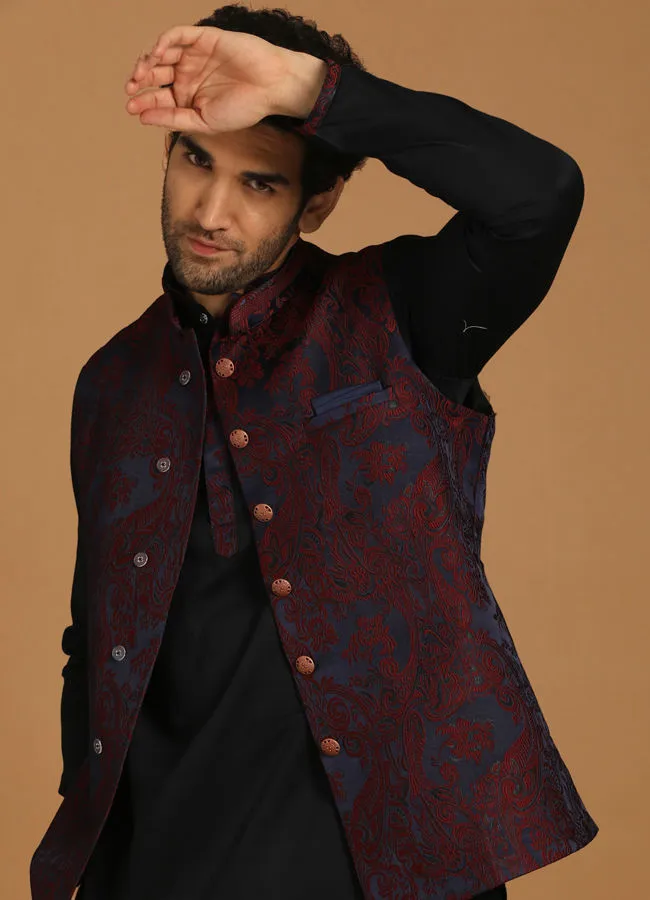 Manyawar Paisley Blue Kurta Jacket Set