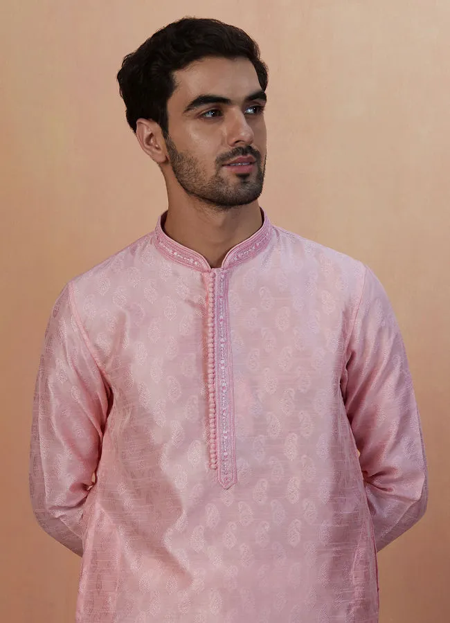 Manyawar Pink Paisley Self Design Kurta Pajama