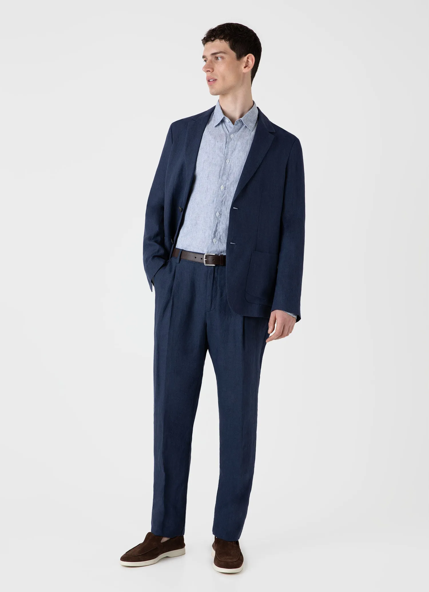 Men's Pleated Linen Trouser in Light Navy